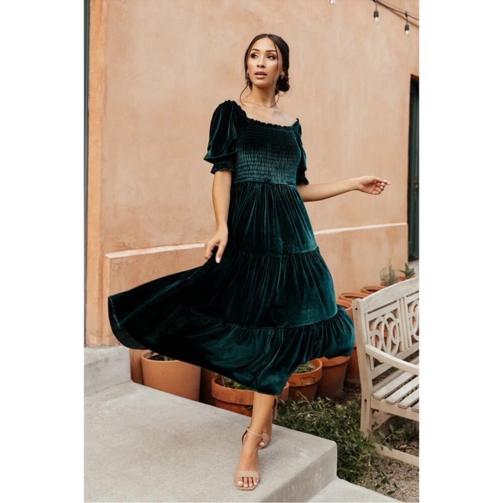 Baltic Born Vivaldi Smocked Velvet Midi Emerald Green Dress Large
